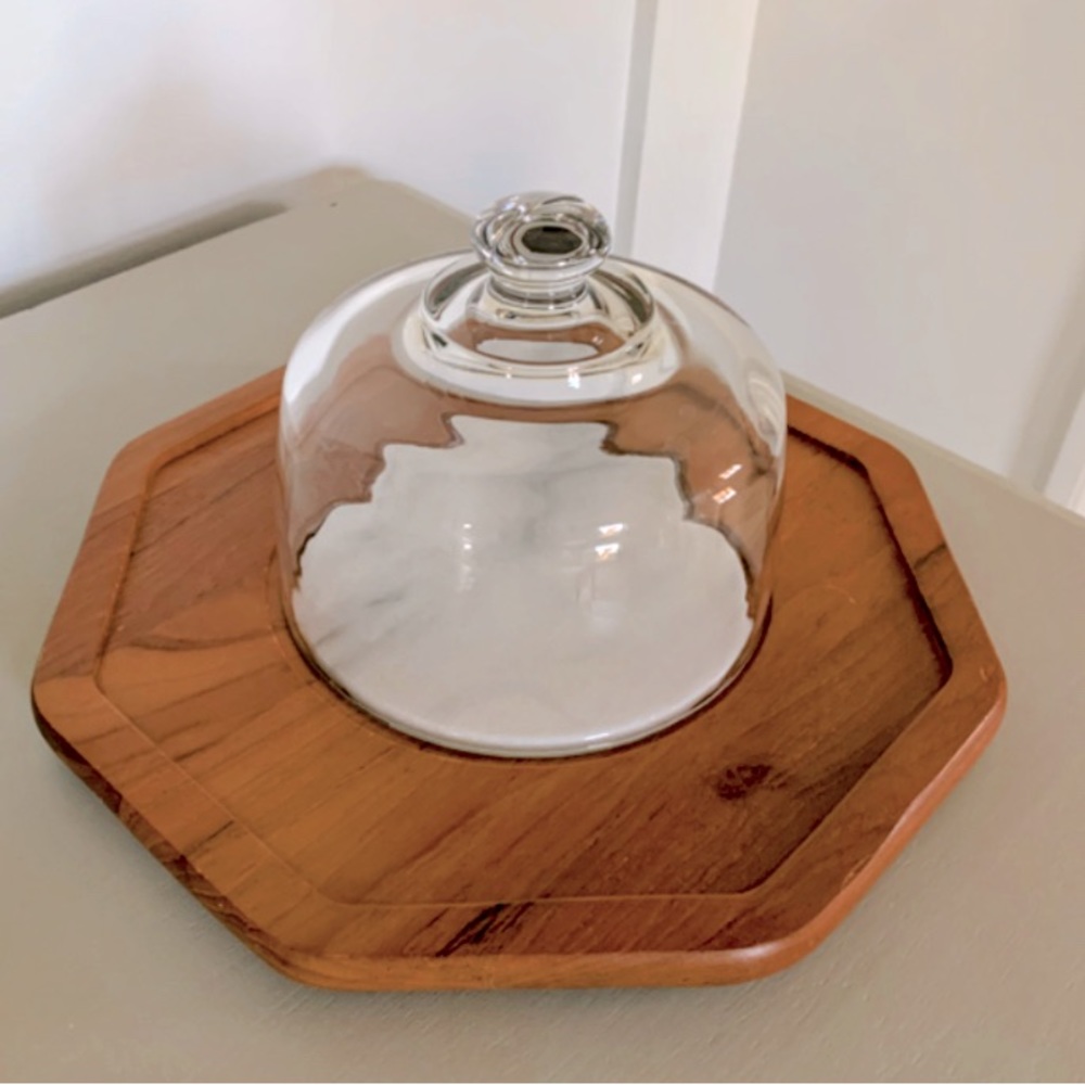 Vintage Dolphin Octagon Teak Wood & Marble Cheese Board Platter w/Glass Dome Lid